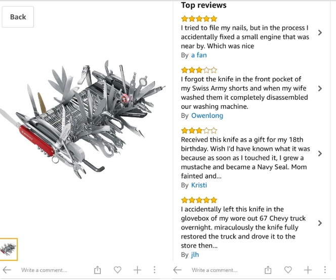 Image of exaggerated multitool and humorous user reviews, including fixing appliances and gifting to a Navy Seal