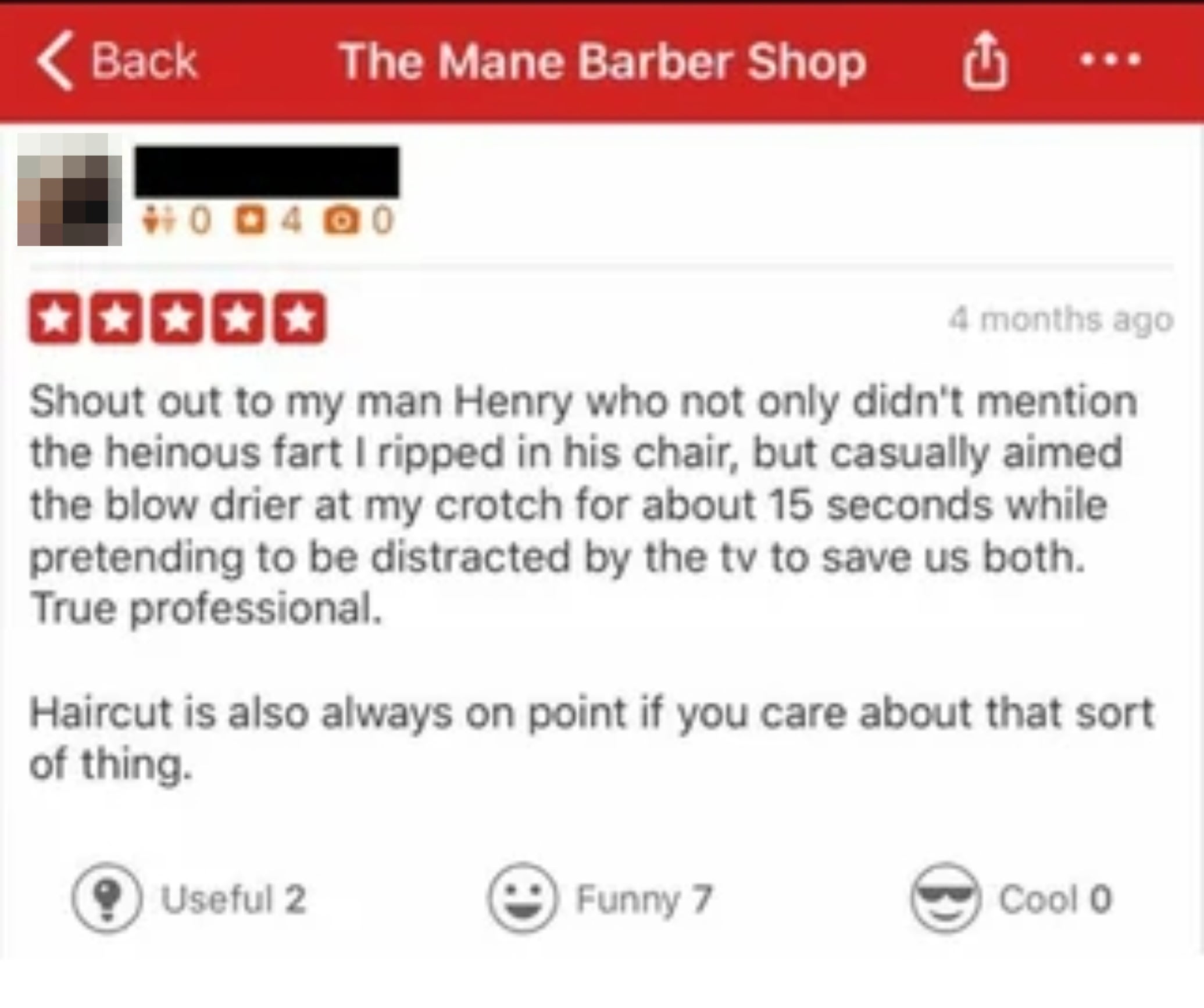 Barber shop review praising Henry for professionalism during an awkward moment; also notes the haircut quality is excellent