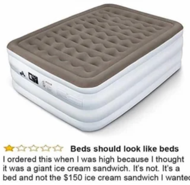Image of an air mattress with a humorous review saying it was mistaken for an ice cream sandwich