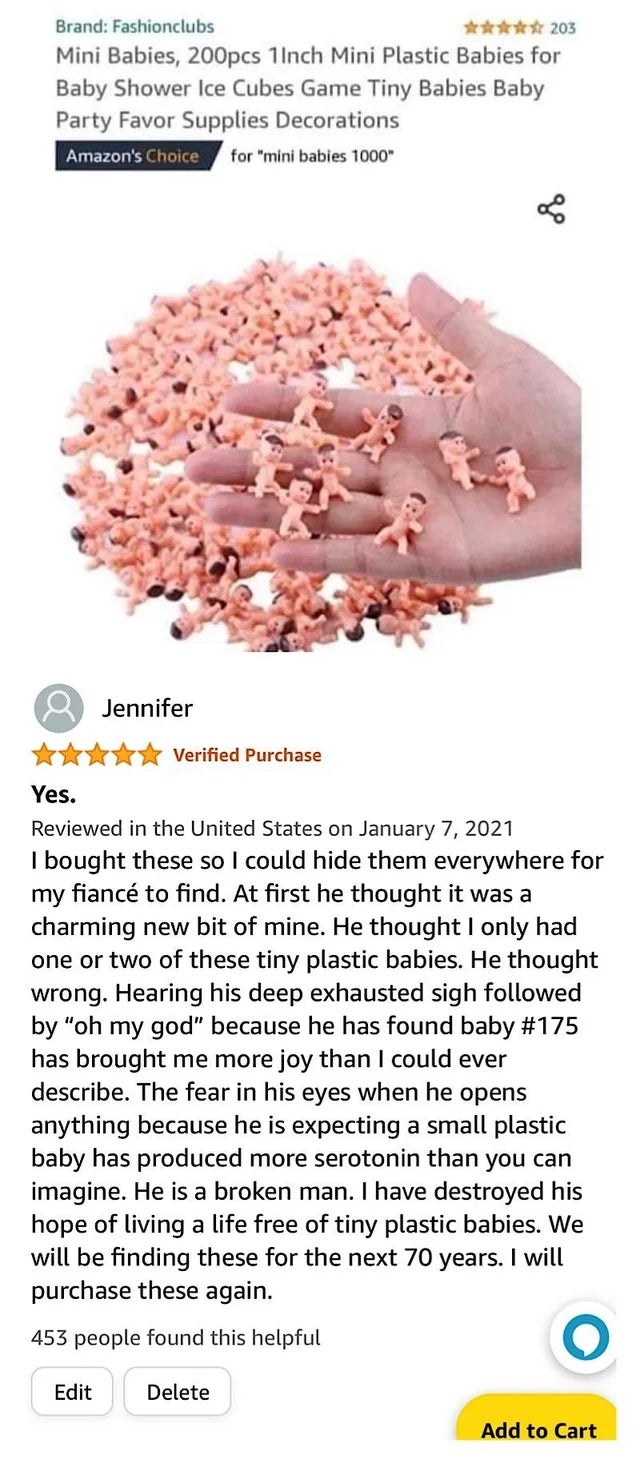 Image showing an Amazon review for mini plastic babies. The reviewer humorously describes a fixation on the tiny figures, impacting their life