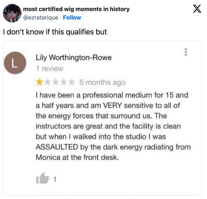 Review from Lily Worthington-Rowe about being a professional medium, feeling assaulted by dark energy at a studio's front desk