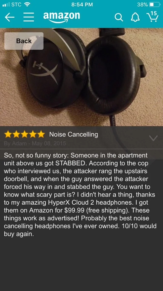 Review praising HyperX Cloud 2 headphones for keeping noise out and sharing a story about an intruder. Rated 5 stars, highlights effective noise canceling