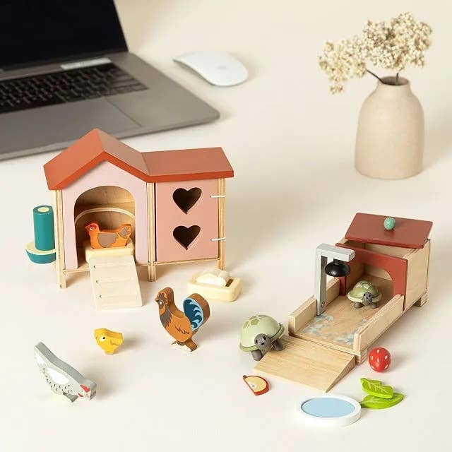 Wooden artifact workplace acceptable with animals and a barn, displayed connected a desk. Suitable for children's imaginative play