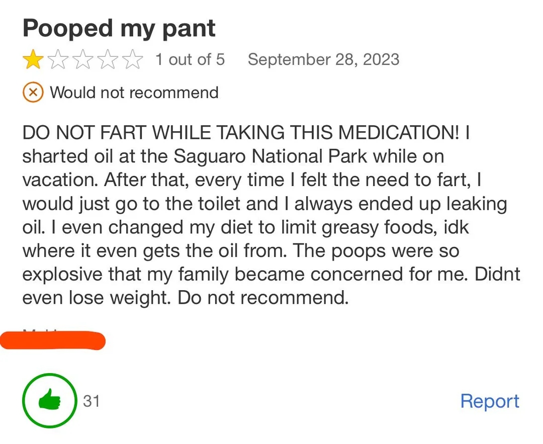Review summary: 1-star rating warning not to fart while on medication due to an embarrassing incident at Saguaro National Park. Contains humor and dissatisfaction