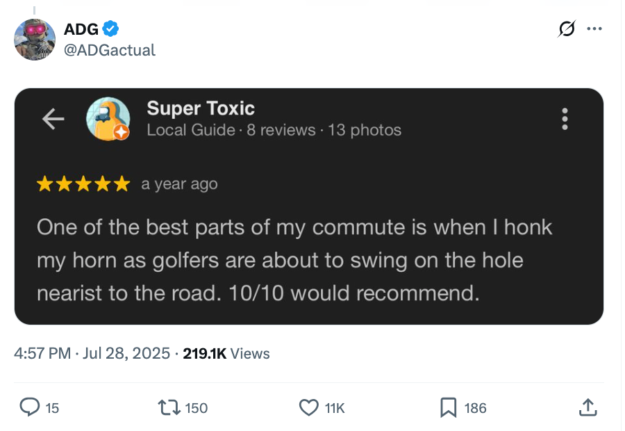 Tweet by ADG featuring a humorous review about honking at golfers during swings, rated 5 stars and recommended