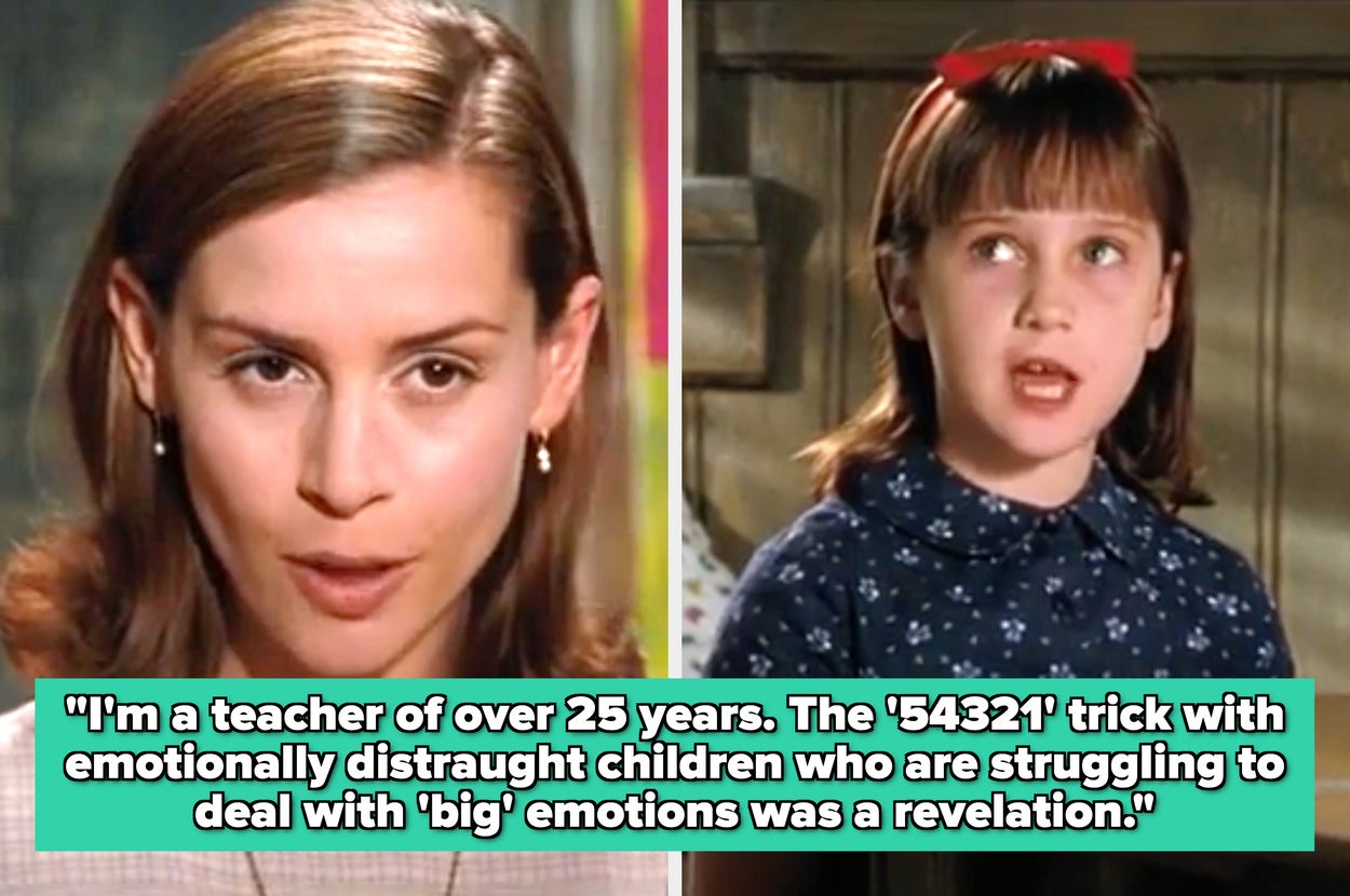 A split image: a teacher explains a calming technique for children with big emotions; a child listens attentively