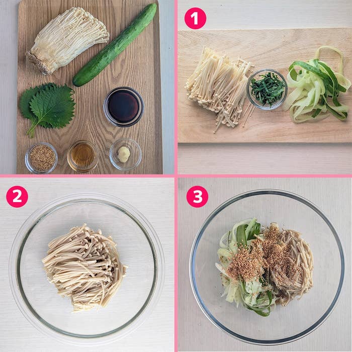 えのきときゅうりのサラダの作り方ガイド。材料の準備、えのきと野菜の混合、調味料の追加をステップで示しています。