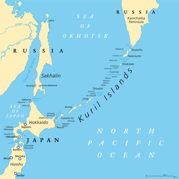 千島列島の地図。地図の右上部にParamushir(パラムシル島)の表記がある