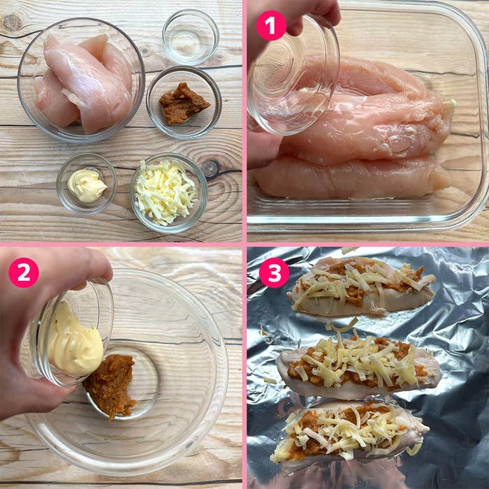 1. 鶏肉と調味料の準備。2. 調味料を混ぜる。3. 鶏肉にトッピングをのせ、ホイルに包む。