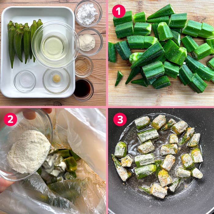 オクラ料理の手順:材料と工程を示す3枚の画像。1. オクラを切る。2. 袋で粉をまぶす。3. フライパンで焼く。