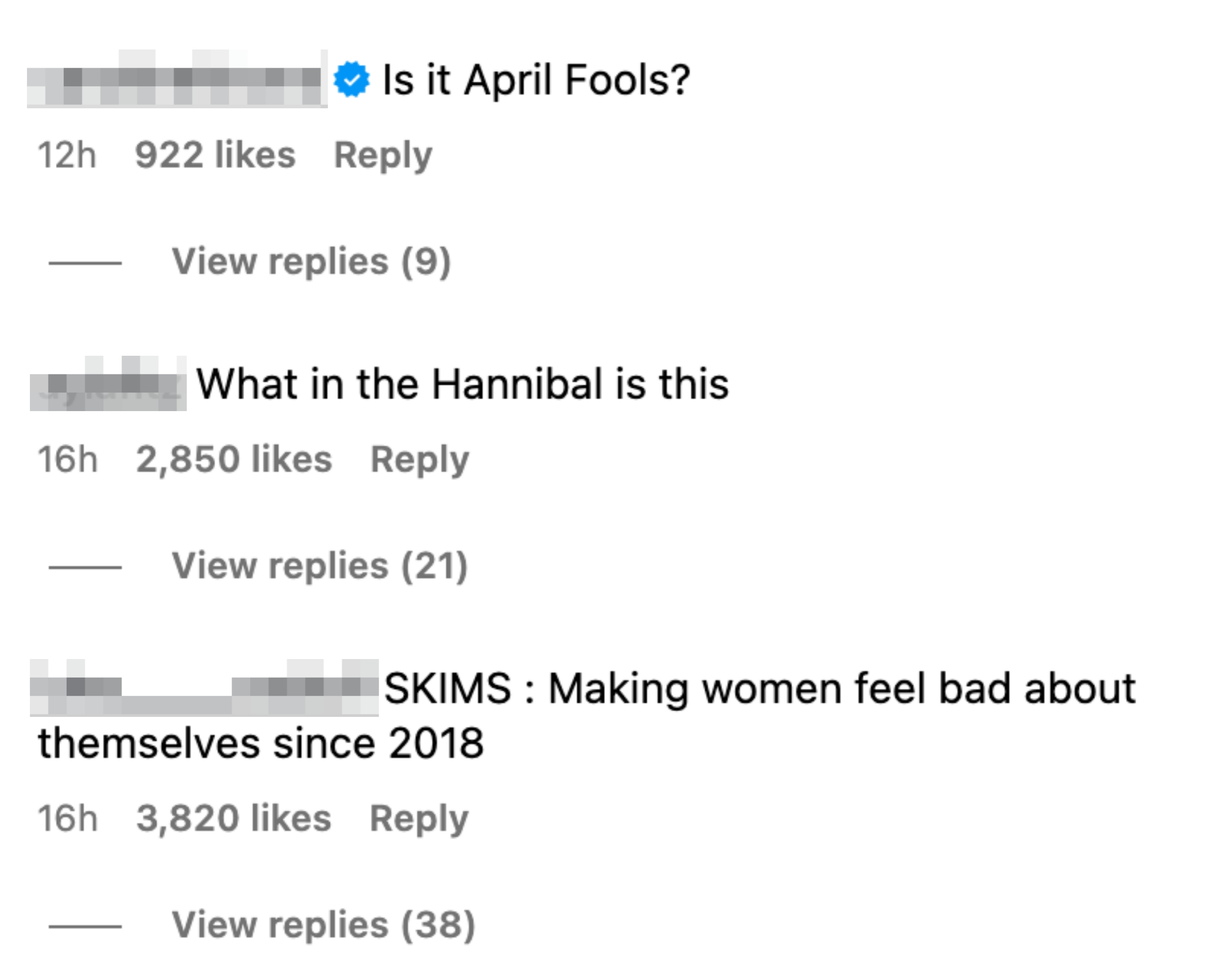 Social media thread with three comments critiquing Skims&#x27;s new product