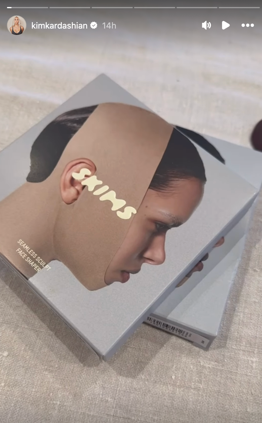 Box with SKIMS branding features a sleek profile image on a beige background, promoting face wraps