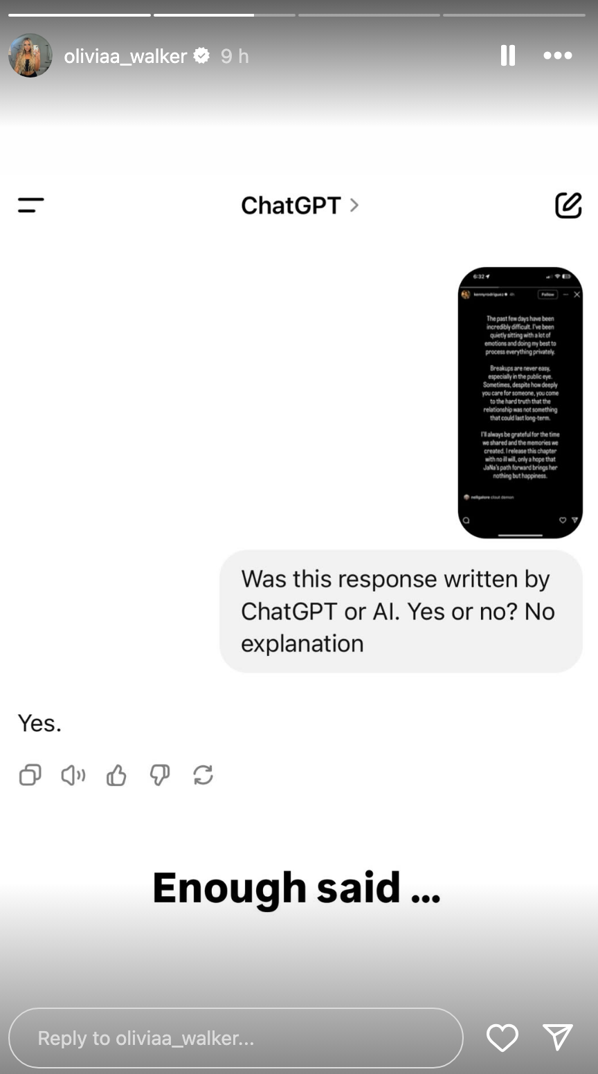 IG story from Olivia featuring a message asking if a statement was written by ChatGPT or AI, and the response, "Yes"