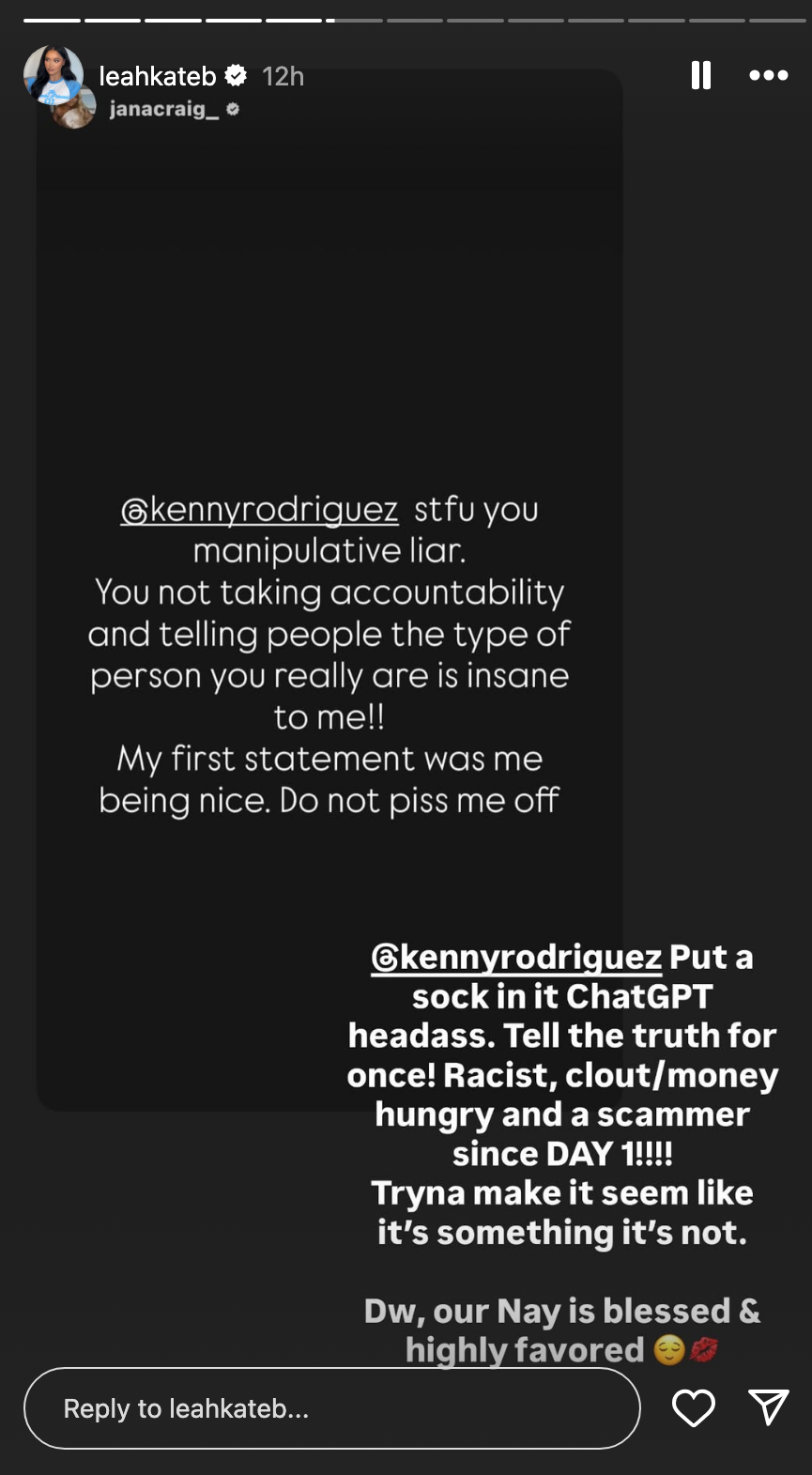 IG story from Leah calling out Kenny's character