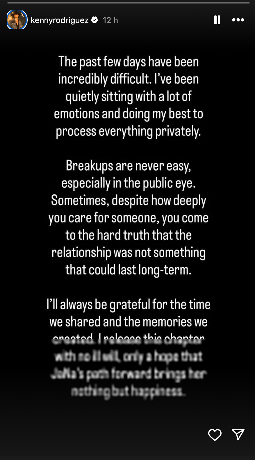 IG story from Kenny about handling a public breakup, processing emotions privately, and gratitude for shared memories