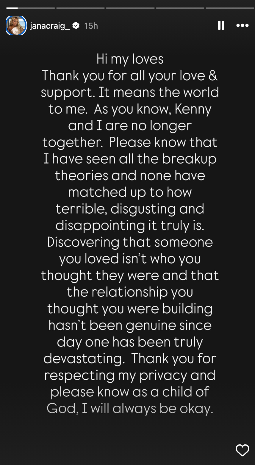 IG story from JaNa expressing gratitude for support, announcing her split from Kenny, discussing the painful realization of a false relationship, and asking for privacy