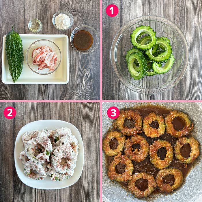 ゴーヤの調理ステップ。1:スライス。2:豚肉で包む。3:料理完成。