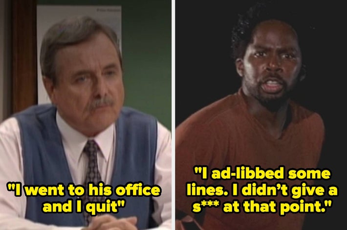 Two scenes from TV shows with quotes: Left, a man saying, "I went to his office and I quit"; Right, another man saying, "I ad-libbed some lines. I didn't give a s*** at that point."