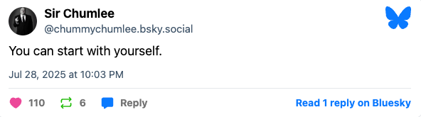 Social media post by user Sir Chumlee saying, &quot;You can start with yourself,&quot; with engagement metrics shown