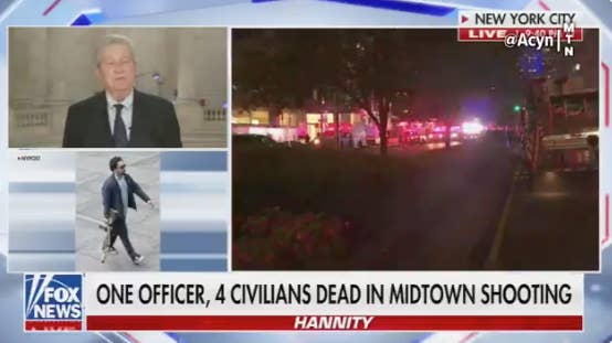 News report showing a man speaking, nighttime street scene with emergency lights, and a pedestrian. Headline: &quot;One officer, 4 civilians dead in Midtown shooting.&quot;