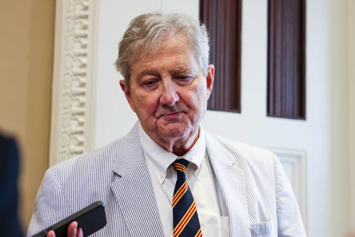 Senator John Kennedy, a Republican from Louisiana, speaks to members of the media at the US Capitol in Washington, DC