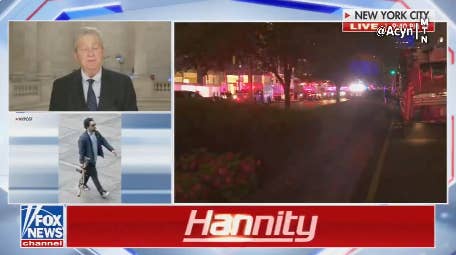 News broadcast showing split-screen: a news anchor, a city street with emergency vehicles, and a pedestrian walking. Text reads &quot;Hannity&quot; and &quot;Fox News.&quot;