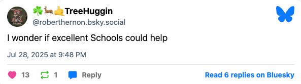 Social media post by TreeHuggin reads, &quot;I wonder if excellent schools could help.&quot;