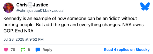 Comment criticizing gun influence in politics, stating NRA&#x27;s control over GOP; ends with &quot;End NRA.&quot;