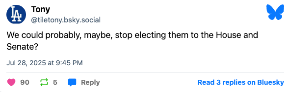 Post on social media questioning the election of House and Senate members, dated July 28, 2025