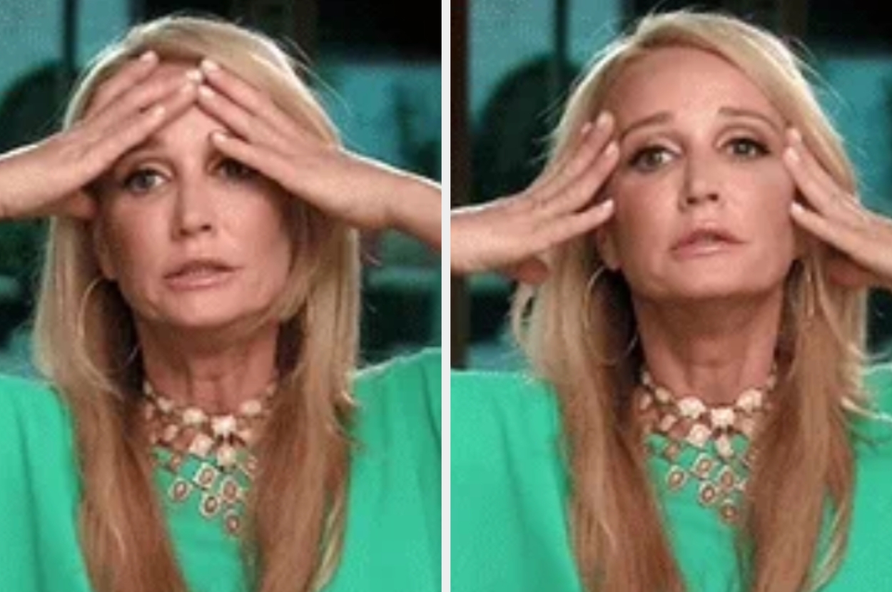 Person with long hair in a green top, holding their head as if stressed or contemplative, featured in a split image