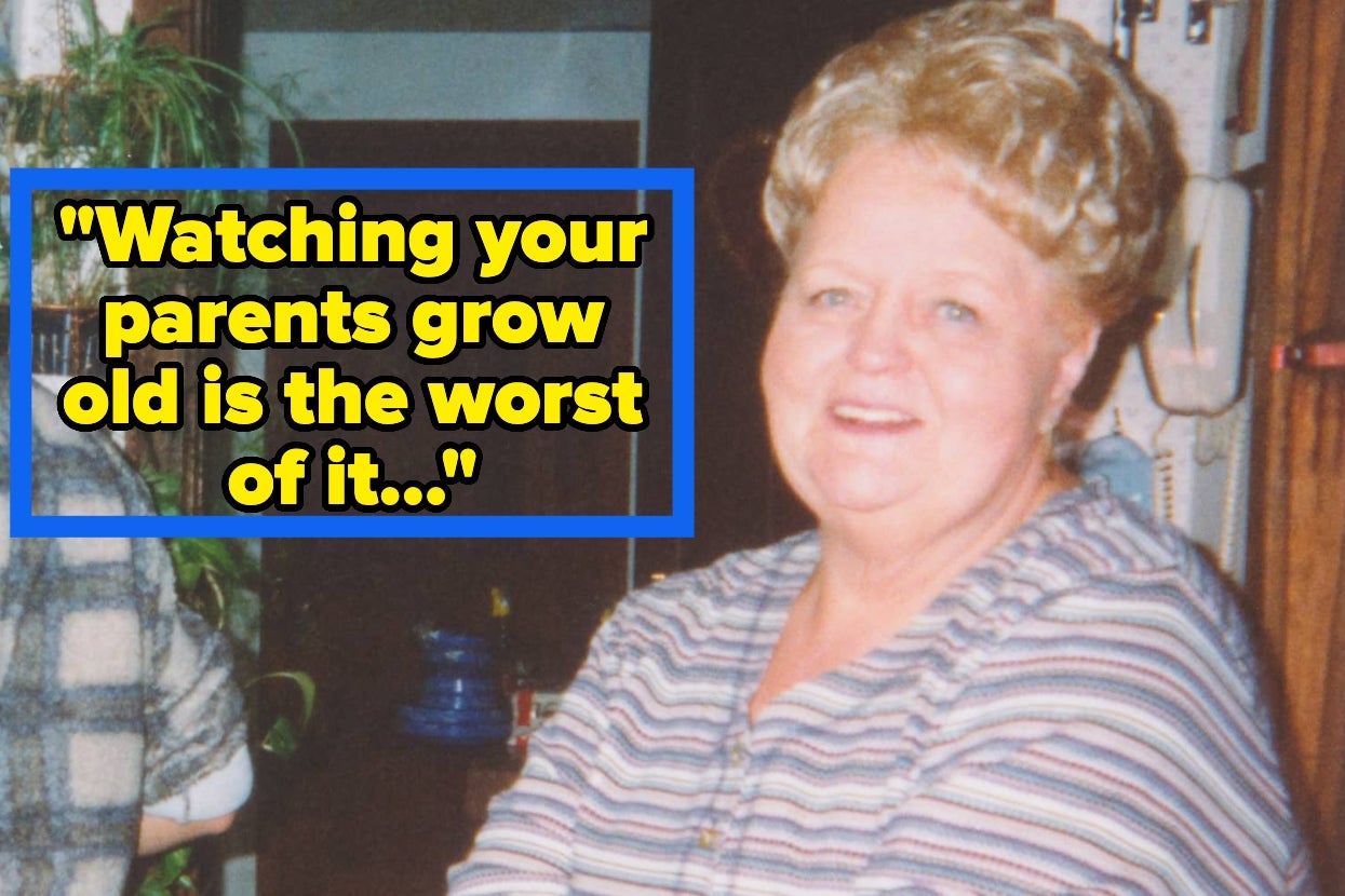 Smiling person in a striped shirt indoors, with large text reading, “Watching your parents grow old is the worst of it…”
