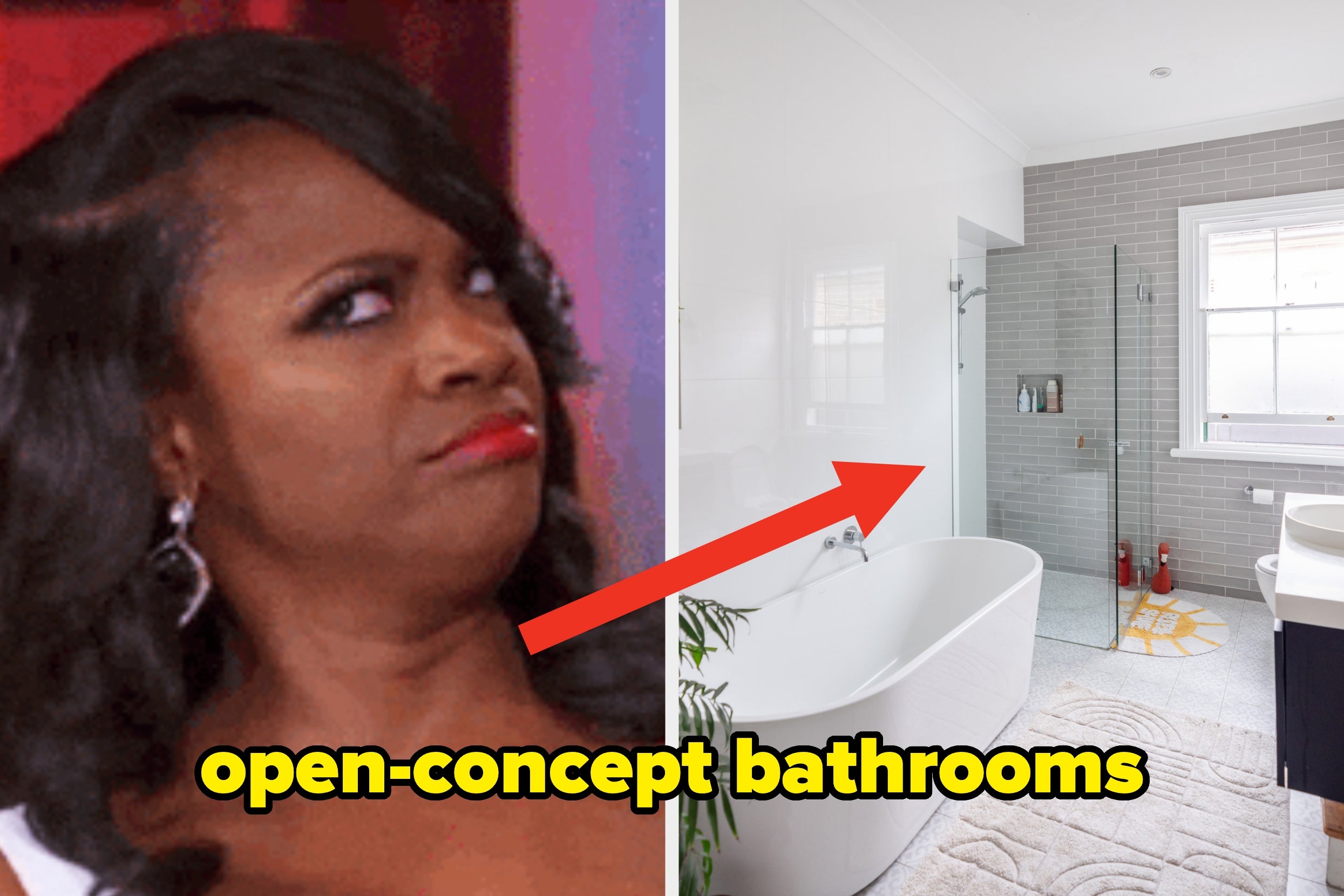 Woman with a skeptical expression next to an image of a bathroom lacking walls, labeled "open-concept bathrooms"