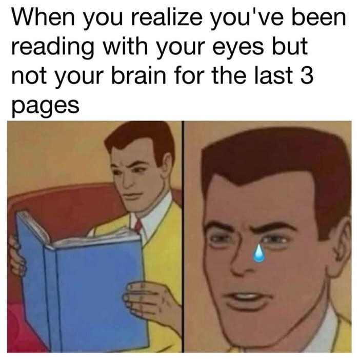 Comic-style meme: A man holds a book, suddenly realizing he hasn&#x27;t comprehended the last three pages. A tear on his face indicates his frustration