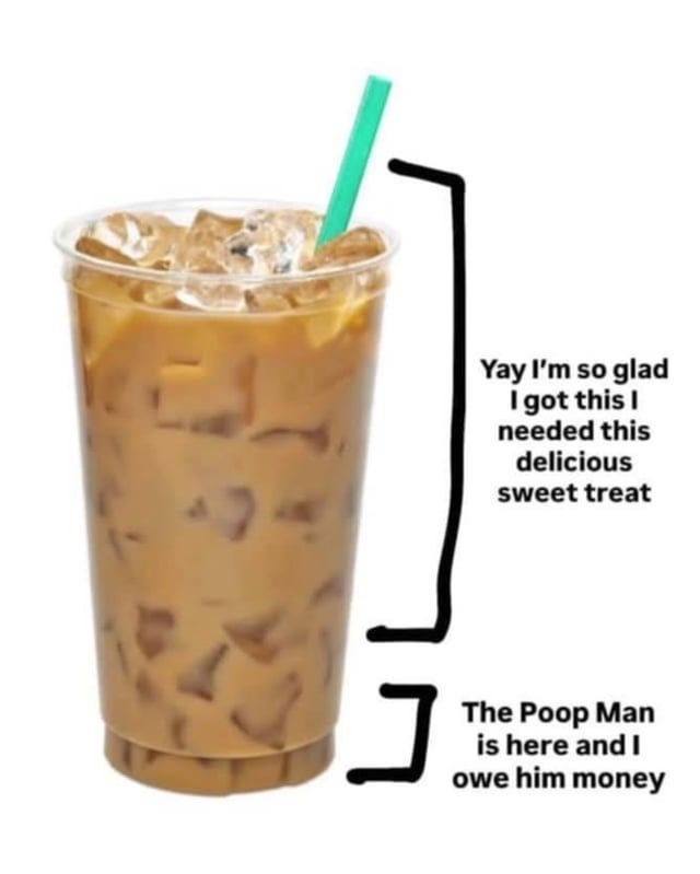 Iced coffee cup with text: &quot;Yay I&#x27;m so glad I got this I needed this delicious sweet treat. The Poop Man is here and I owe him money.&quot;