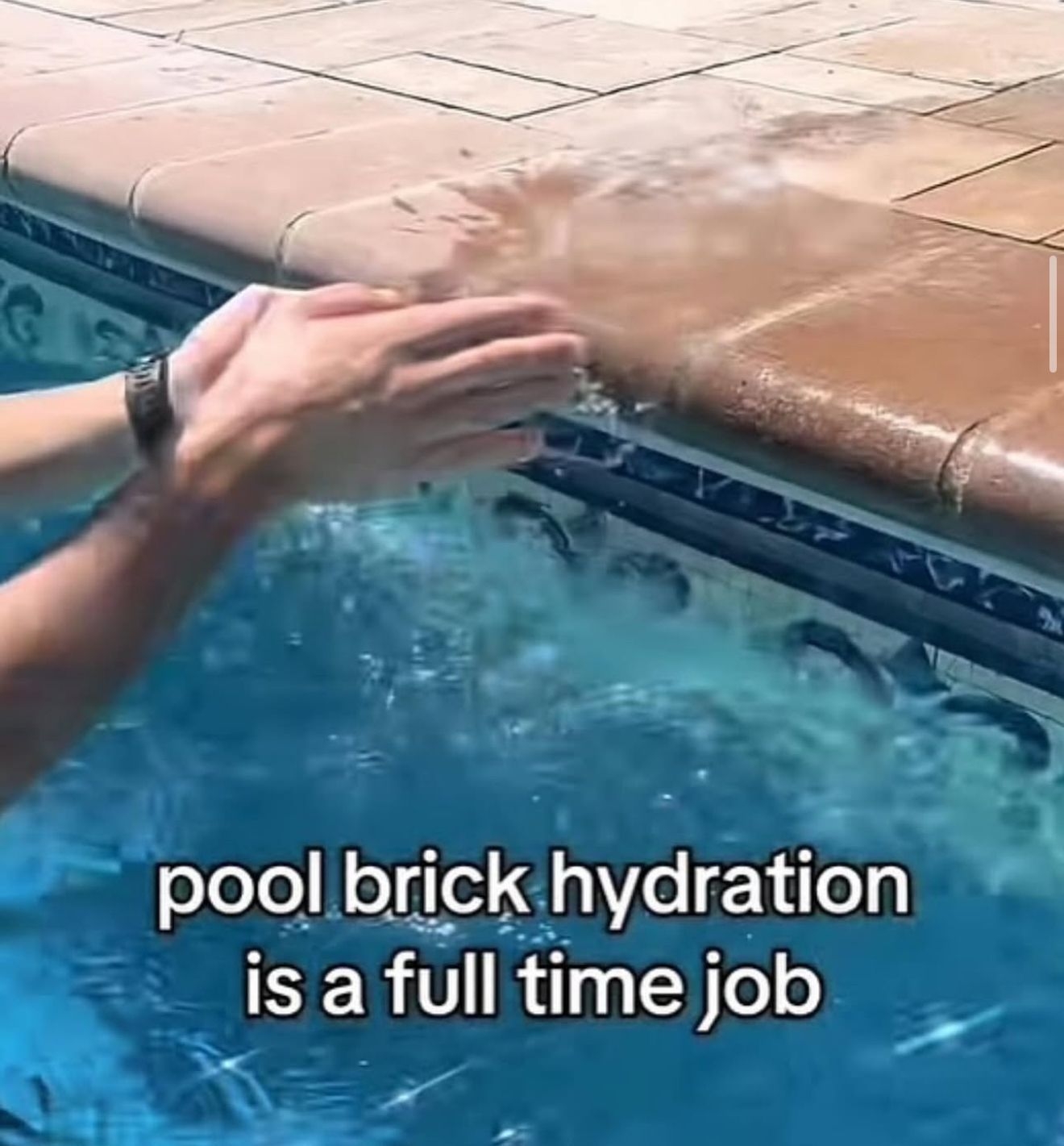 Person splashes water from a pool onto the deck, with the text &quot;pool brick hydration is a full time job&quot; visible on the image