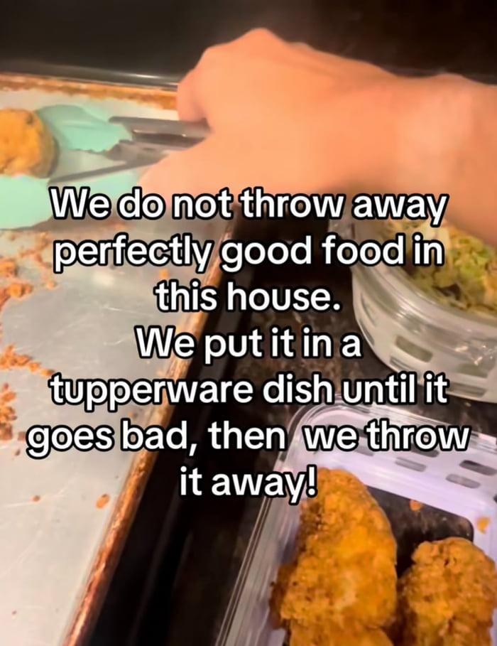 Text over image of a hand placing food in a container on a counter. Text humorously states they store good food until it goes bad, then discard it