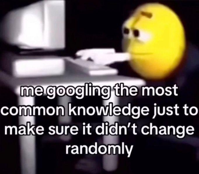 Meme of a yellow plush character typing at a computer with text: &quot;me googling the most common knowledge just to make sure it didn’t change randomly.&quot;
