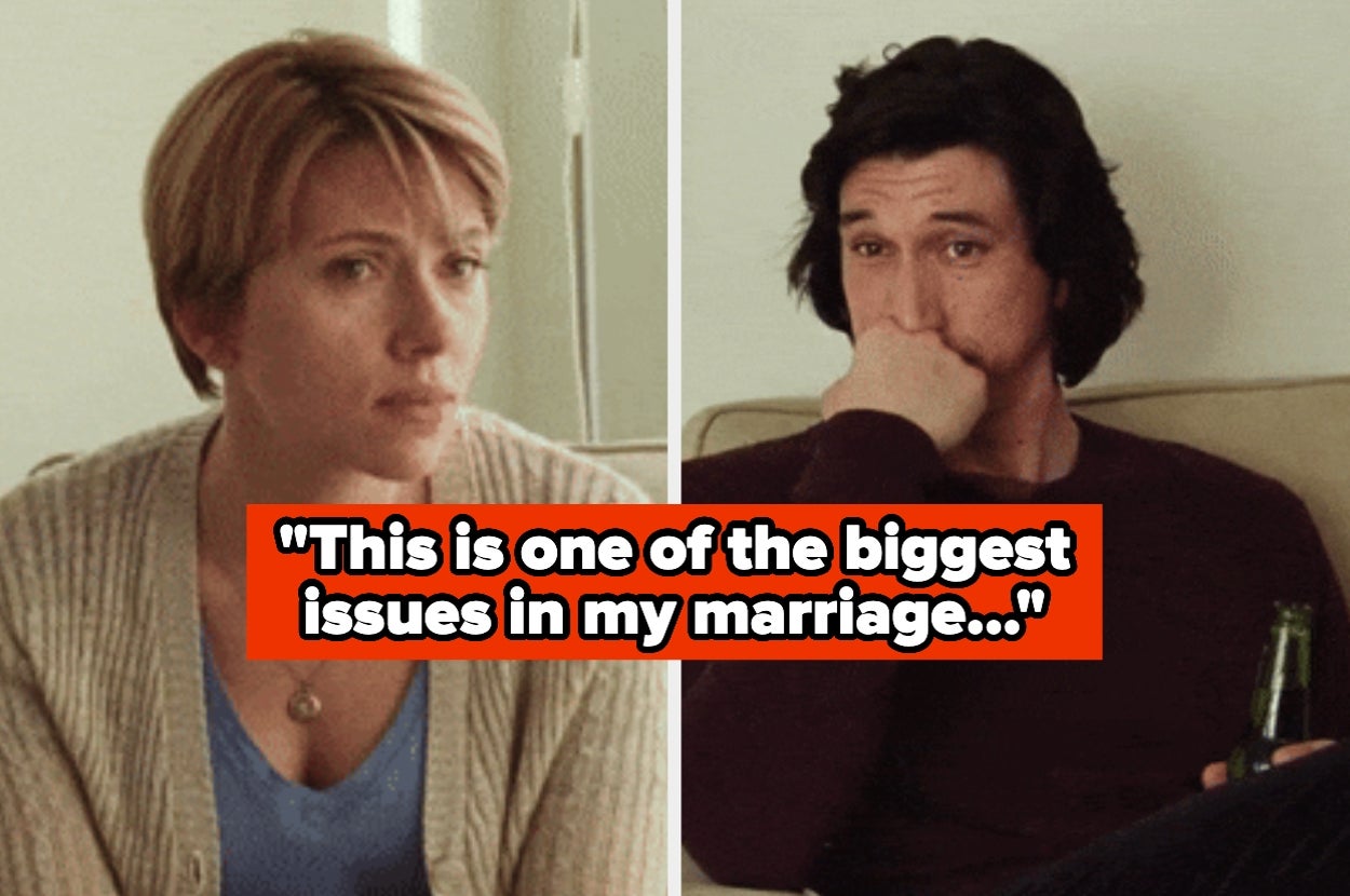A woman and man sit pensively. Text overlay reads: "This is one of the biggest issues in my marriage..."