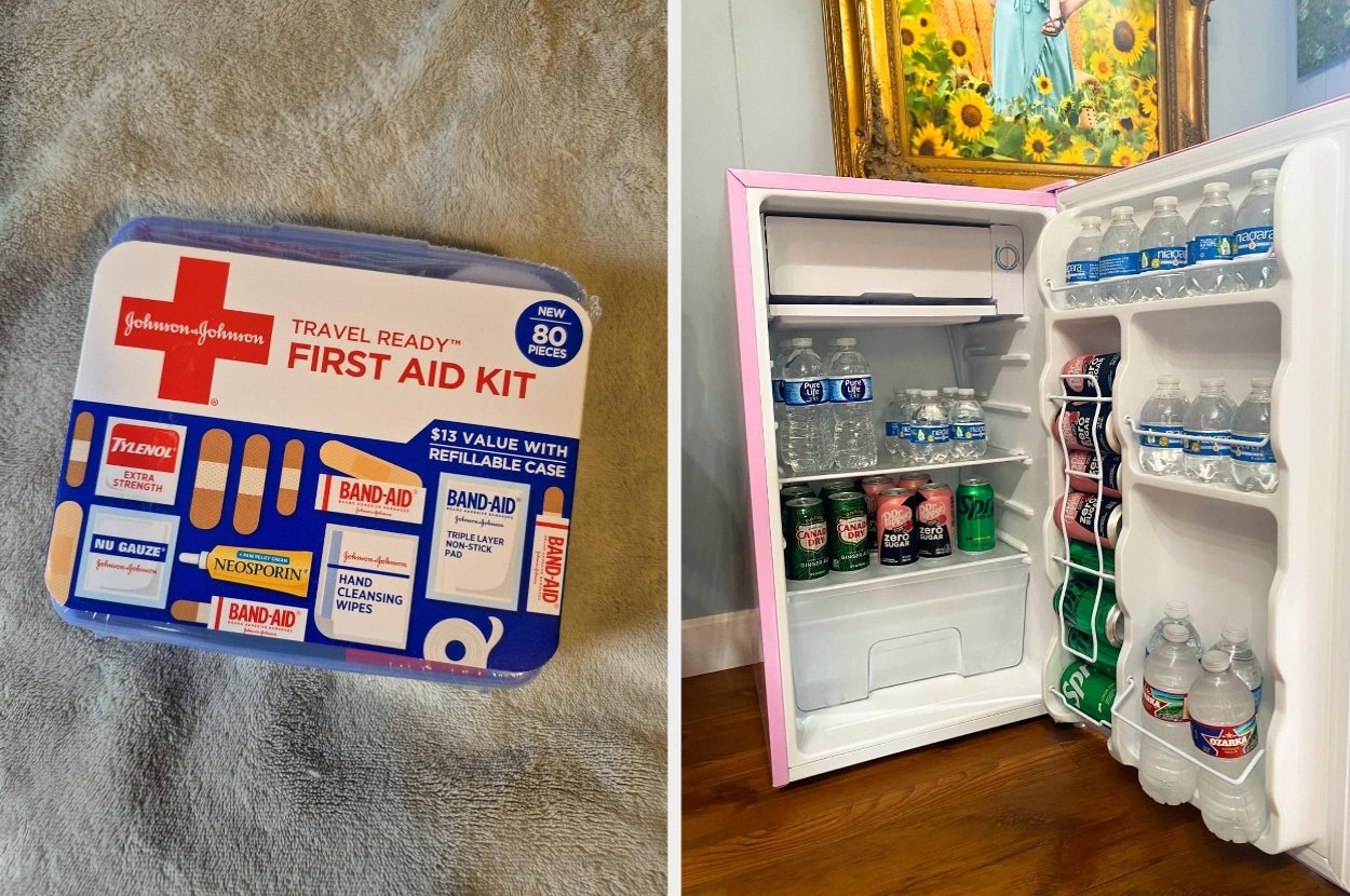 Left-side: A Johnson & Johnson First Aid Kit. Right-side: A pink mini fridge