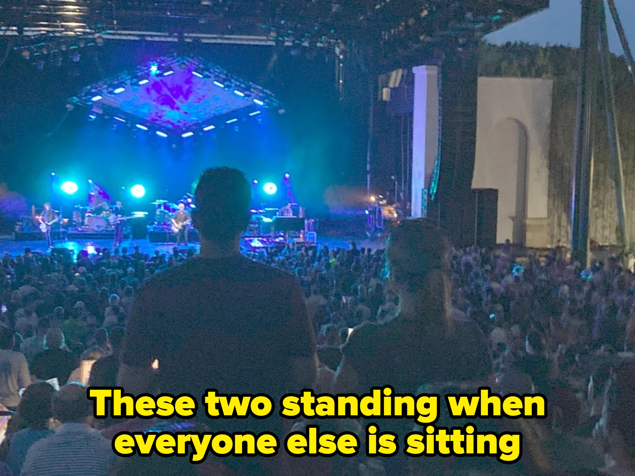 Concert audience watches a band perform on a large stage — all are sitting except two people who are standing and blocking the view for those behind them