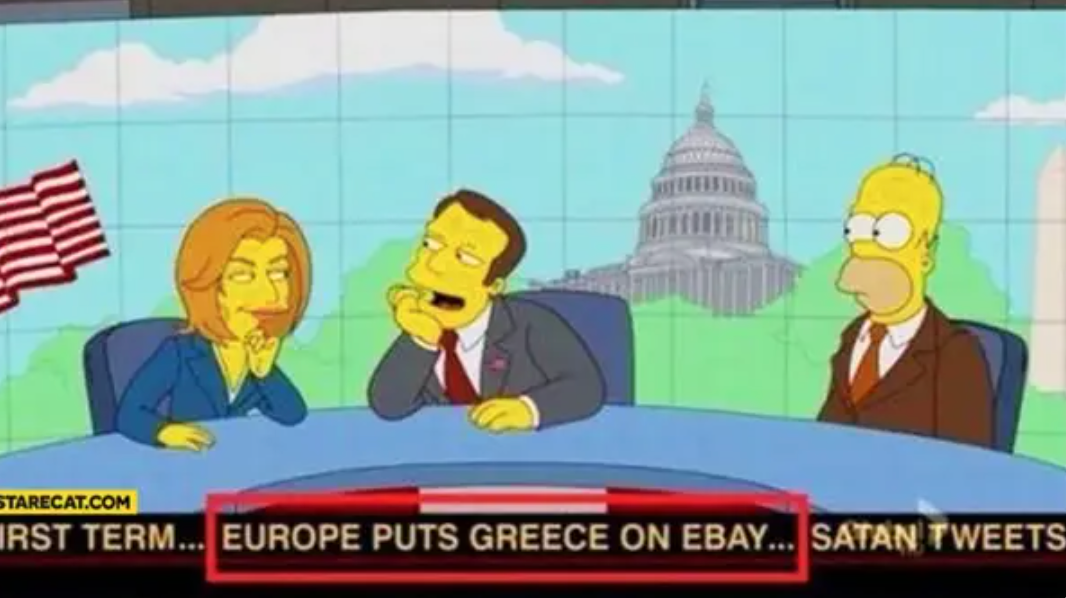 Animated newscast featuring characters at a desk. A headline scrolls below: &quot;Europe puts Greece on eBay.&quot; Capitol building in the background