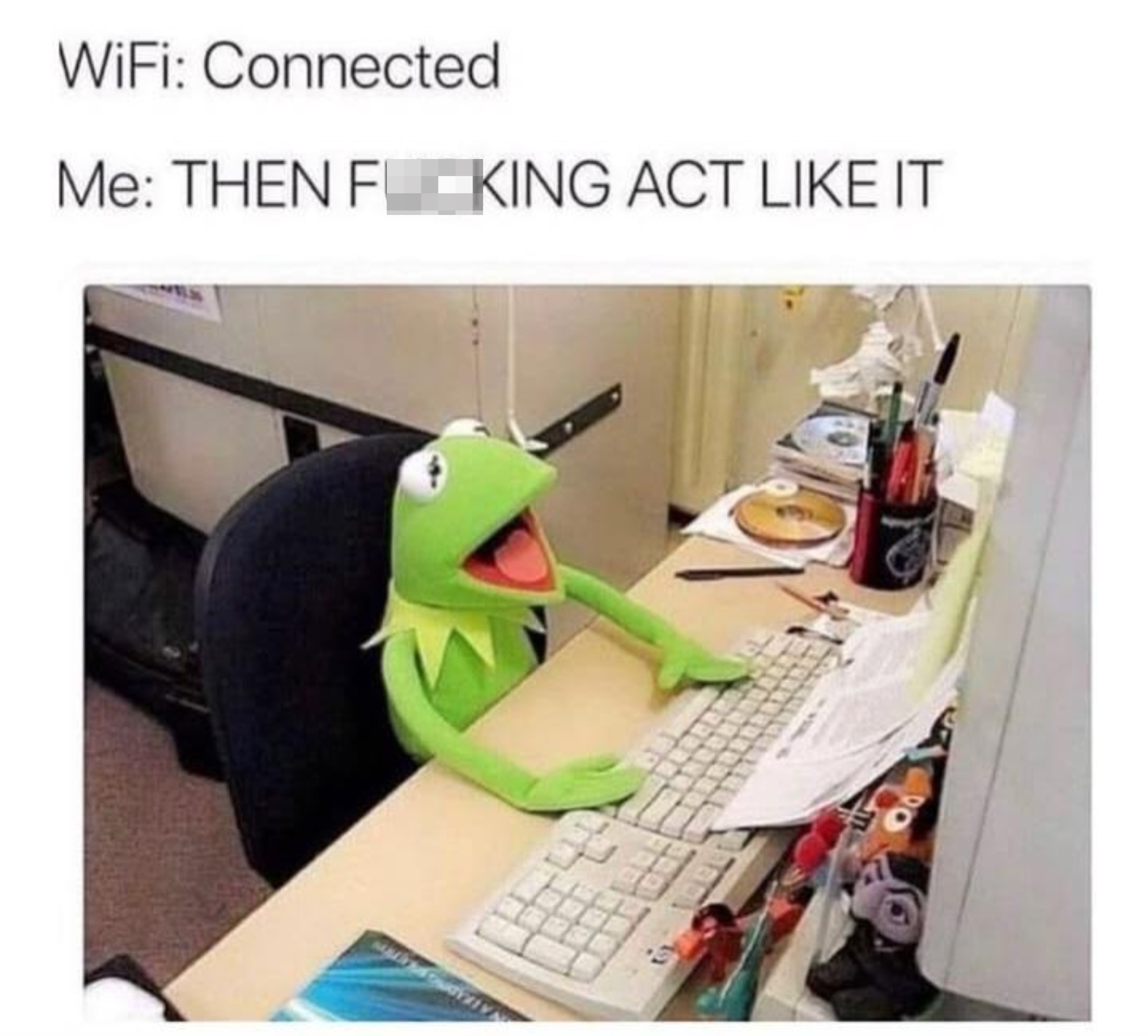 Kermit the Frog at a computer appears frustrated, humorously demanding better WiFi despite it showing &quot;Connected.&quot;