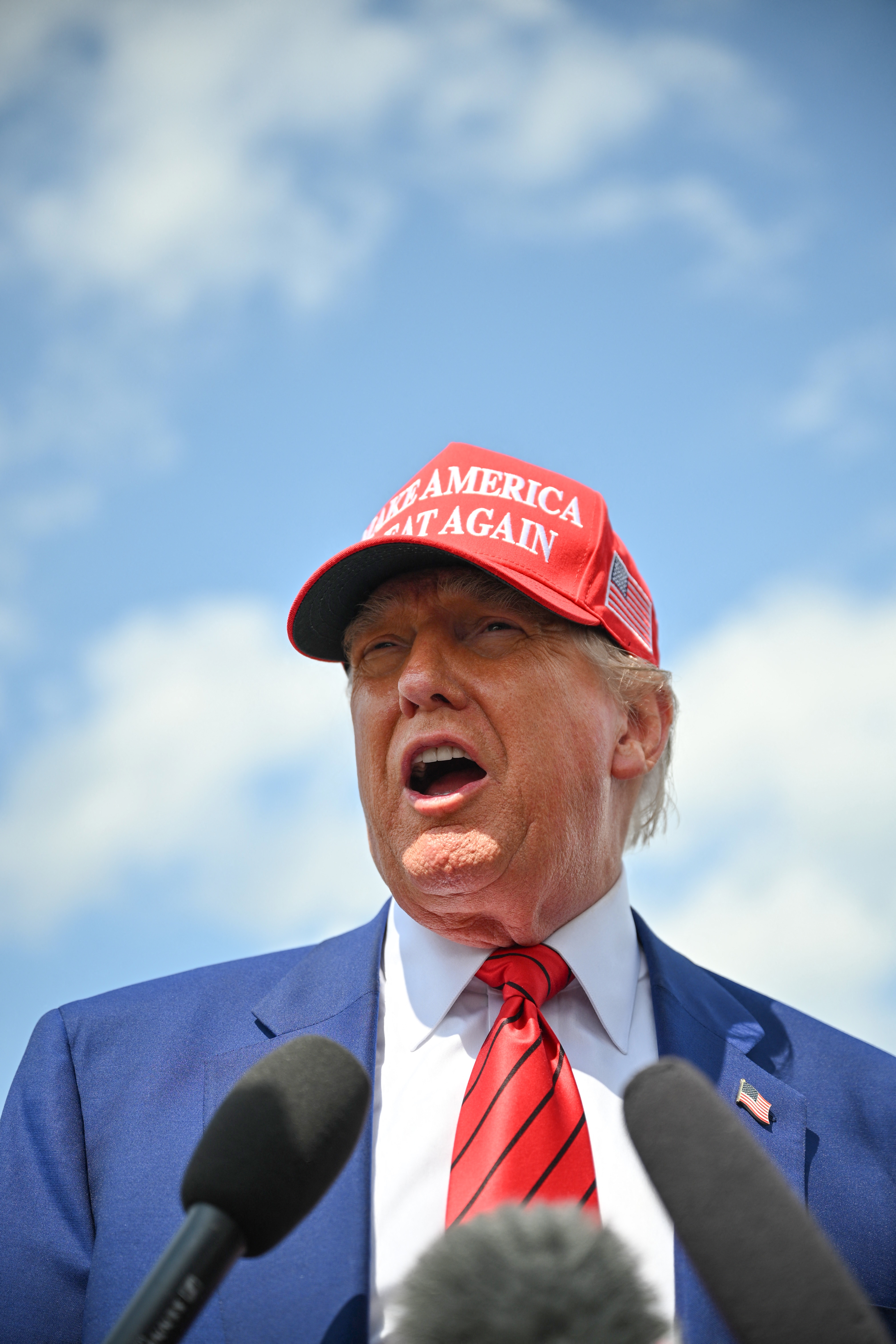 A person in a suit and a red &quot;Make America Great Again&quot; hat speaks in front of microphones against a blue sky background