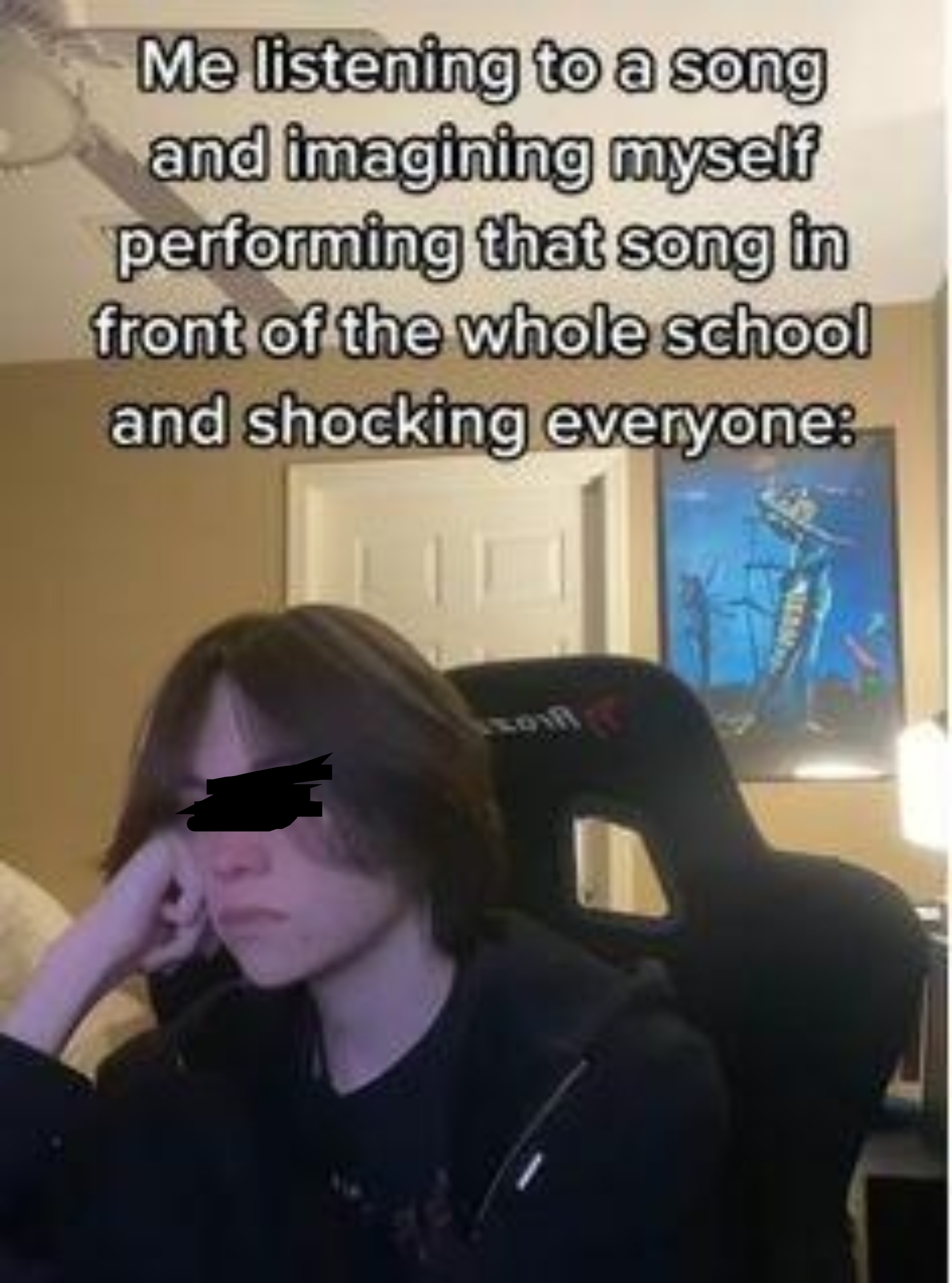 Teen with long hair daydreams while listening to music, imagining themselves performing at school and surprising everyone; text above them