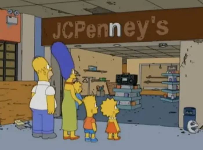 Cartoon family stands puzzled outside a dilapidated JCPenney store in a mall, with debris and empty shelves visible inside