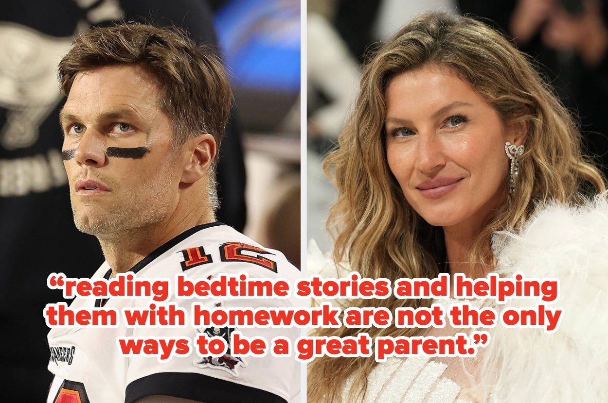Split image: Left shows an athlete in sports gear; right shows a woman in a glamorous outfit. Overlaid text discusses parenting roles