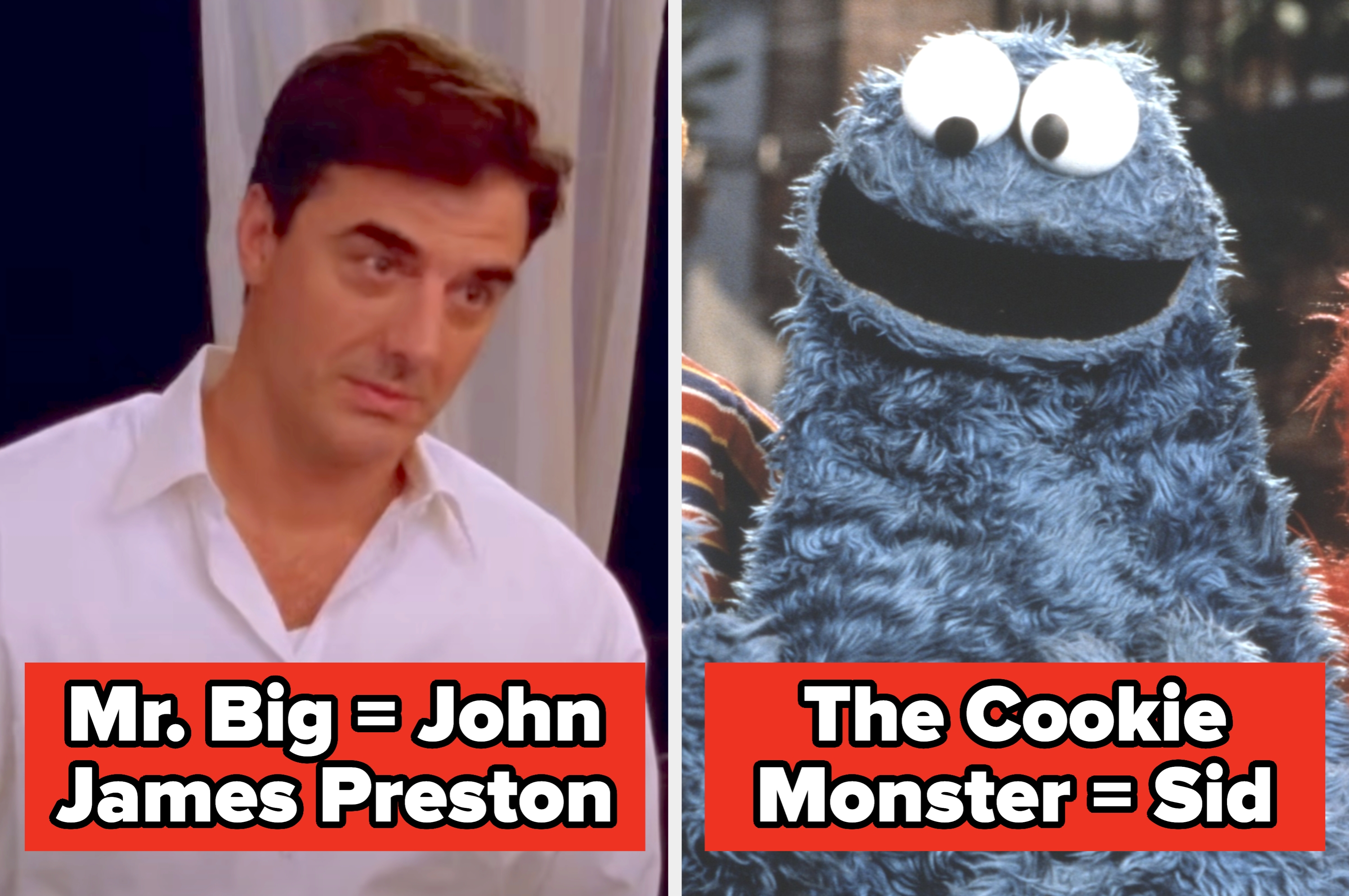 A man talks to a surprised woman with curly hair, covering her mouth, on a split screen. Text reveals a character's real name in a TV show