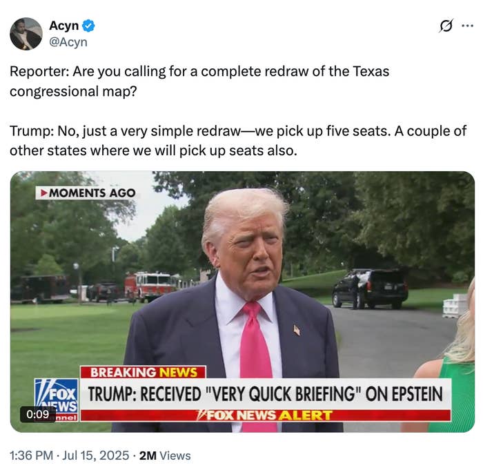 A man in a suit is interviewed outdoors regarding a redraw of the Texas congressional map, stating they will pick up seats in several states