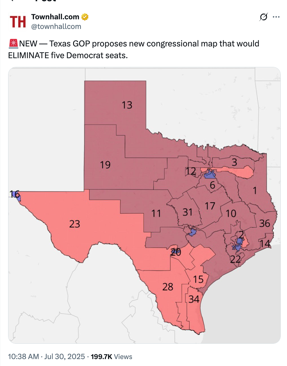 Map of Texas with proposed congressional changes, highlighting district numbers and illustrating a plan to eliminate five Democrat seats