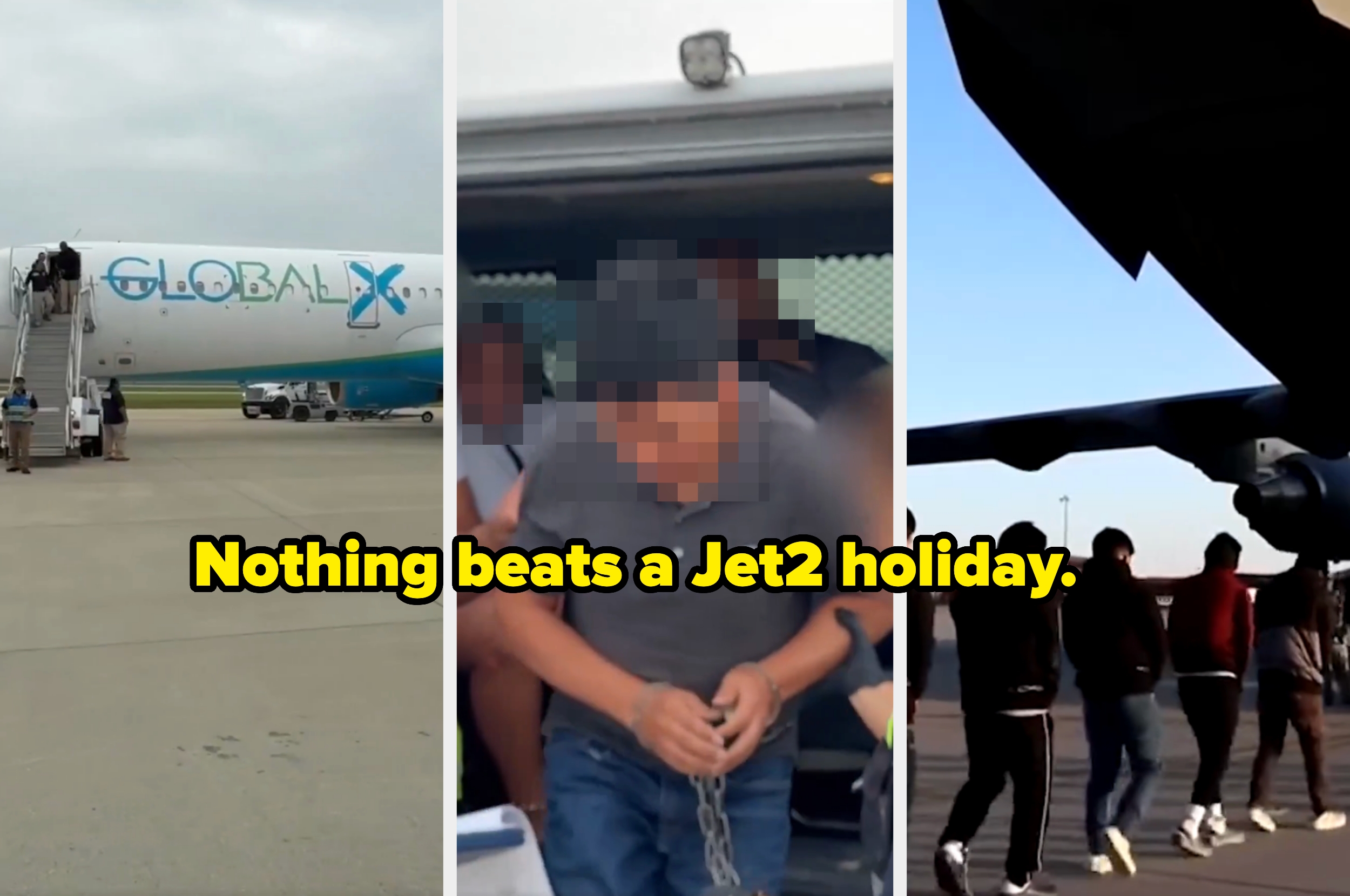 Split image: Left - people boarding a plane, Middle - person in handcuffs, Right - group disembarking a plane. Text: &quot;Nothing beats a Jet2 holiday.&quot;